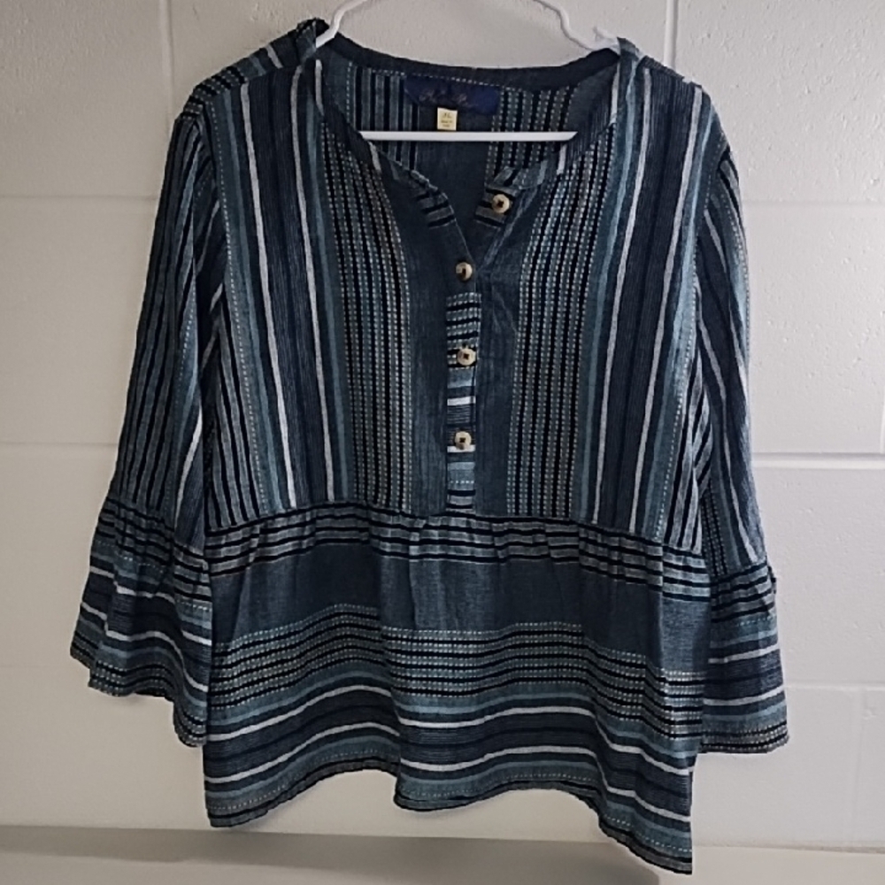 Cool Textured Cotton Loose Flowy Bohemian Shirt 3/4 Bell Sleeves Denims BFF - Picture 9 of 9